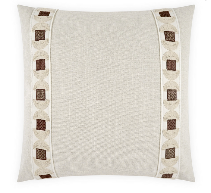 The Demeter Pillow by D.V. KAP / Canaan Company features light beige textured linen with two vertical bands of cream and brown geometric embroidery, making this decorative throw pillow a stylish accent for any room.