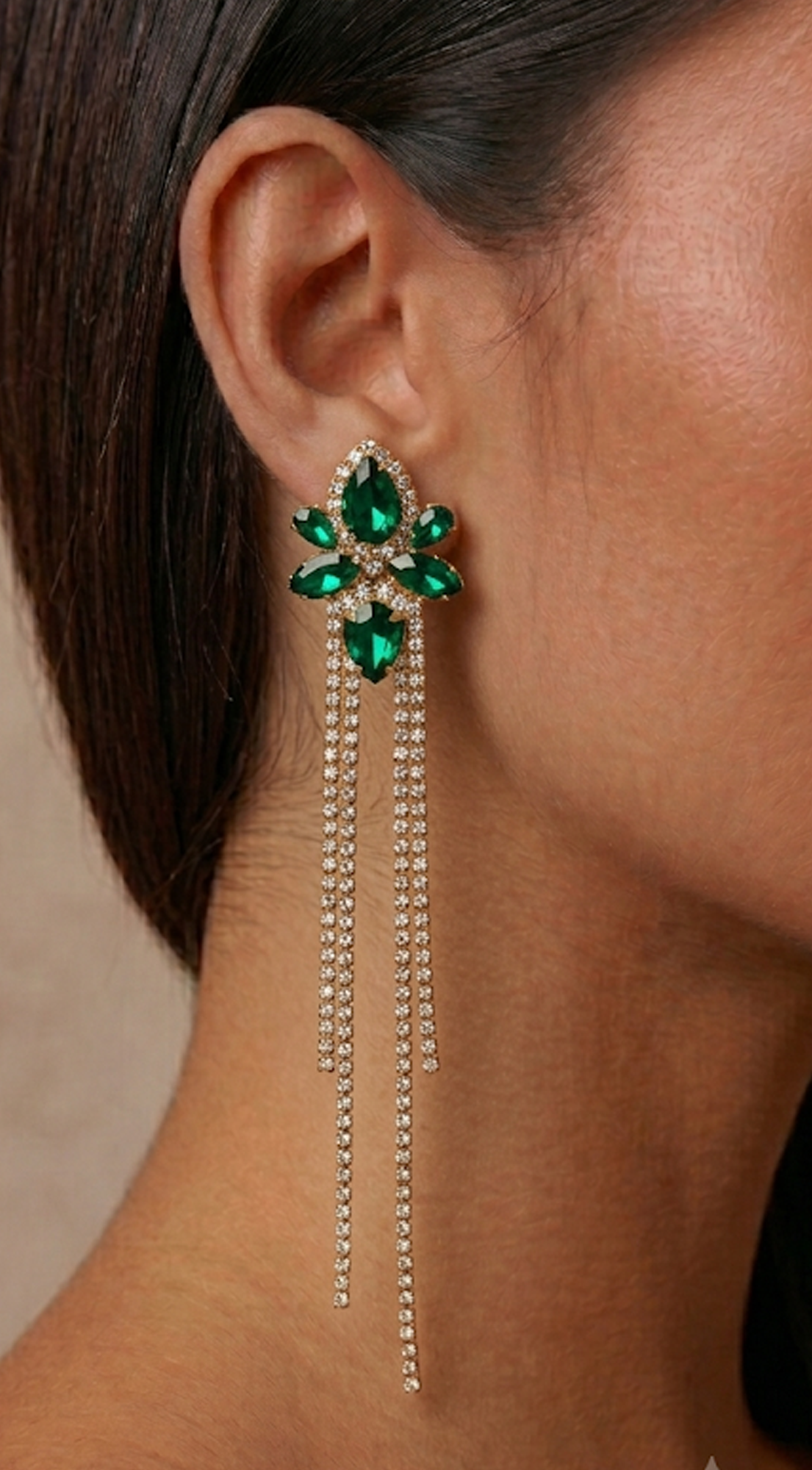 Lux Long Crystal Drop Earrings - Green