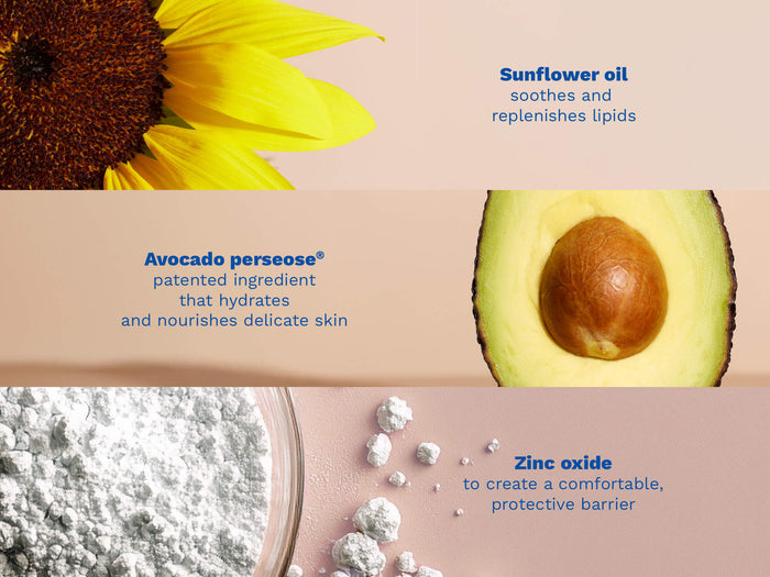 Close-up visuals of sunflower oil, avocado, and zinc oxide, with text describing their soothing, hydrating, and protective benefits for delicate skin.