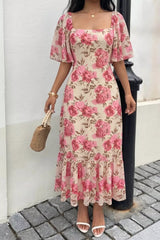 Floral Print Ruffle Hem Flutter Sleeve Dress