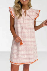 Jacquard Textured Contrast Trim Short Sleeve Tassel Tie Shift Dress