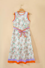 Floral Print Color Block Trim Belted Sleeveless Dress
