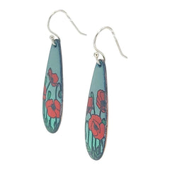 Earrings - Long Teardrop (Poppies on Gray Turquoise) by Magpie Mouse Studios