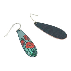Earrings - Long Teardrop (Poppies on Gray Turquoise) by Magpie Mouse Studios