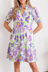 Floral V Collar Short Sleeve Tiered Ruffle Mini Dress