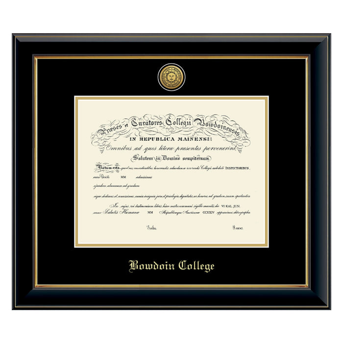Diploma frame with glossy black moulding with gold fillet and black and gold matting. Gold sun seal medallion set into the mat on top of the diploma, BOWDOIN COLLEGE embossed in gold below.