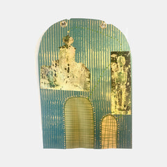 The artwork 'Enter the Temple' by Sunny Chapman features a mixed-media collage on metallic paper with an arch-shaped composition. Vertical striped patterns in teal and gold create architectural elements, while distressed monotype prints add textural depth. Abstract geometric forms suggest doorways and ancient structures, complemented by grid patterns in muted earth tones.