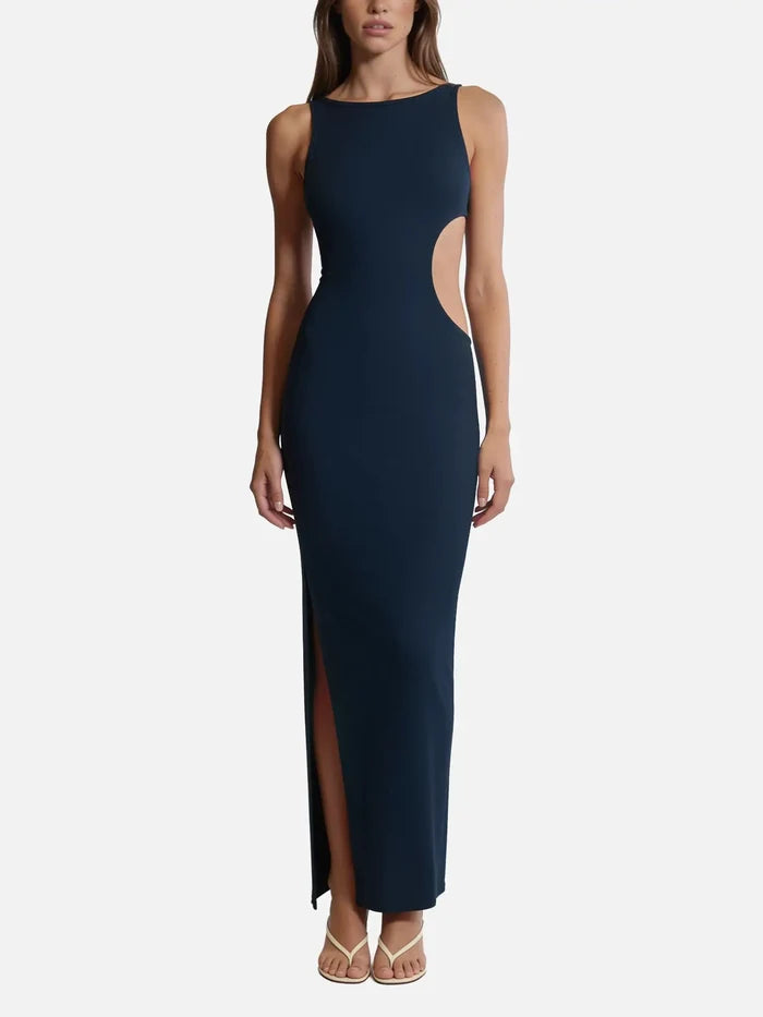 SLOWBURN Eve Dress – lacivert, model üzerinde, önden görünüm
