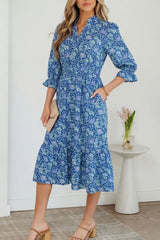 Floral Printed Frilled V Neck Bracelet Sleeve Long Dress