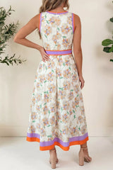 Floral Print Color Block Trim Belted Sleeveless Dress
