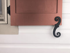 Faux Shutter Dogs Tiebacks - Stippled Scroll - 6-3/4 Inch - Black Powder Coat