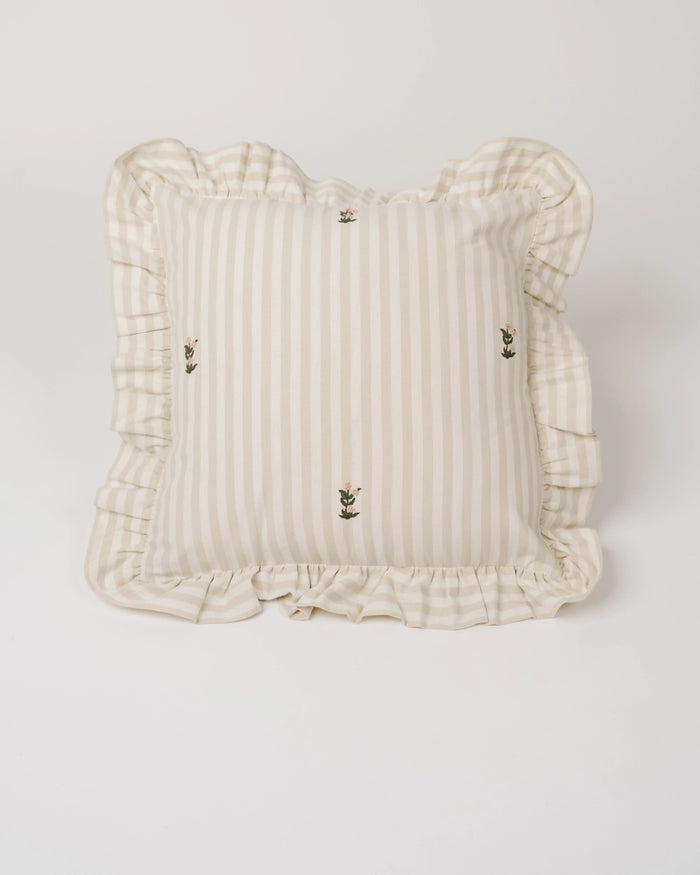Frances Striped Cotton Pillow Cover with Ruffle — Frances square cushion showing stripes embroidery and gathered ruffle; Galley & Fen