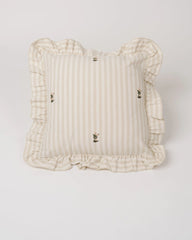 Frances Striped Cotton Pillow Cover with Ruffle — Frances square cushion showing stripes embroidery and gathered ruffle; Galley & Fen