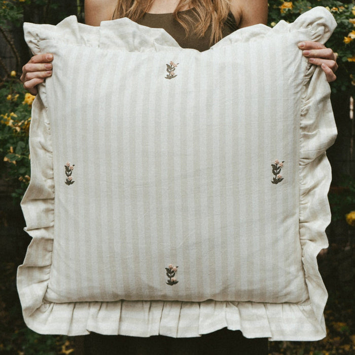 Frances Striped Cotton Pillow Cover with Ruffle — filled Frances cover held to show its square form; Galley & Fen