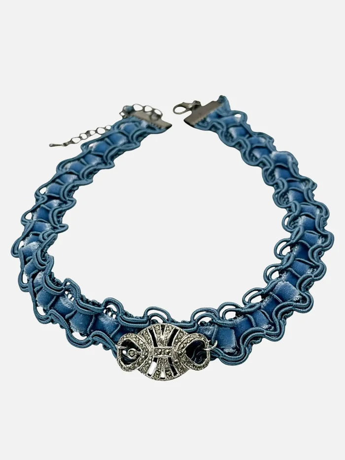 NES VINTAGE French Blue Velvet Choker With Vintage Marchasite Charm - Necklaces KOLYE
