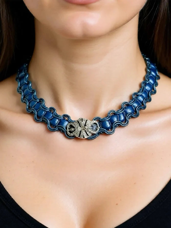NES VINTAGE French Blue Velvet Choker With Vintage Marchasite Charm - Necklaces KOLYE