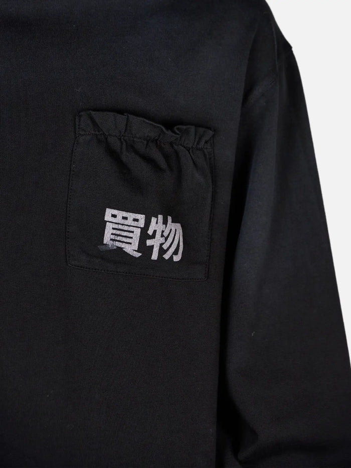shopi go Ginzan Long Sleeve T-Shirt – siyah, beyaz logo ön göğüs cebinde, önden görünüm