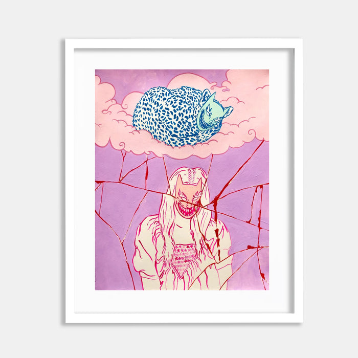 The artwork 'Glass Breaks like People Do' by Eriko Hattori features a dreamy composition with a large blue spotted cat floating on pink clouds against a lavender sky, positioned above a figure surrounded by angular red lines suggesting broken glass. The gouache painting employs a soft pastel palette with bold linear elements in a contemporary illustrative style.