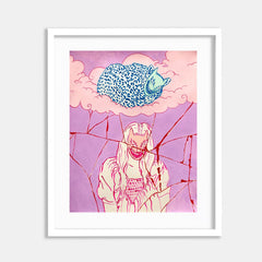 The artwork 'Glass Breaks like People Do' by Eriko Hattori features a dreamy composition with a large blue spotted cat floating on pink clouds against a lavender sky, positioned above a figure surrounded by angular red lines suggesting broken glass. The gouache painting employs a soft pastel palette with bold linear elements in a contemporary illustrative style.