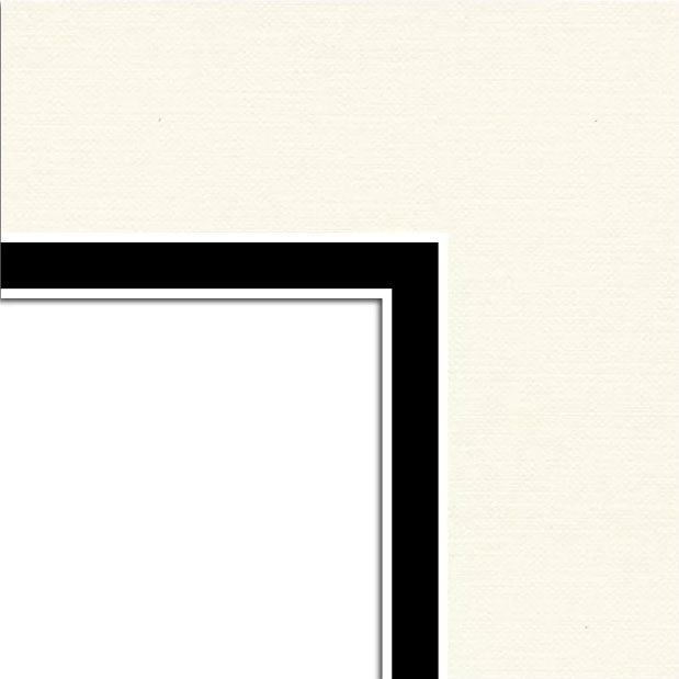 Closeup of layered ivory, black, and white beveled matte board.