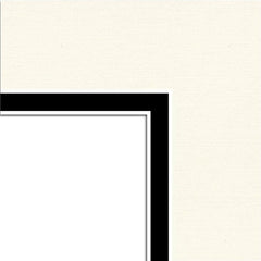 Closeup of layered ivory, black, and white beveled matte board.