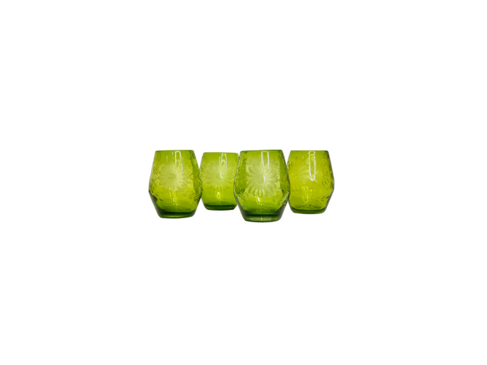 Hand Etched Green Stemless Wine Glasses, LAST Set of 4