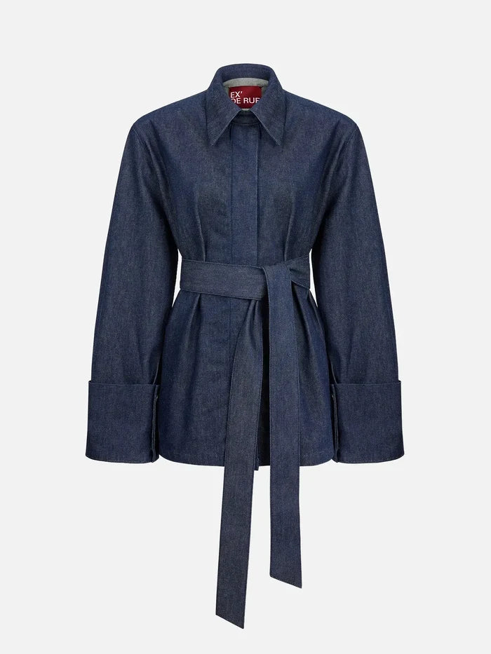 EX DE RUE Haze Denim Kimono Shirt II W – denim, önden görünüm, belde kuşak