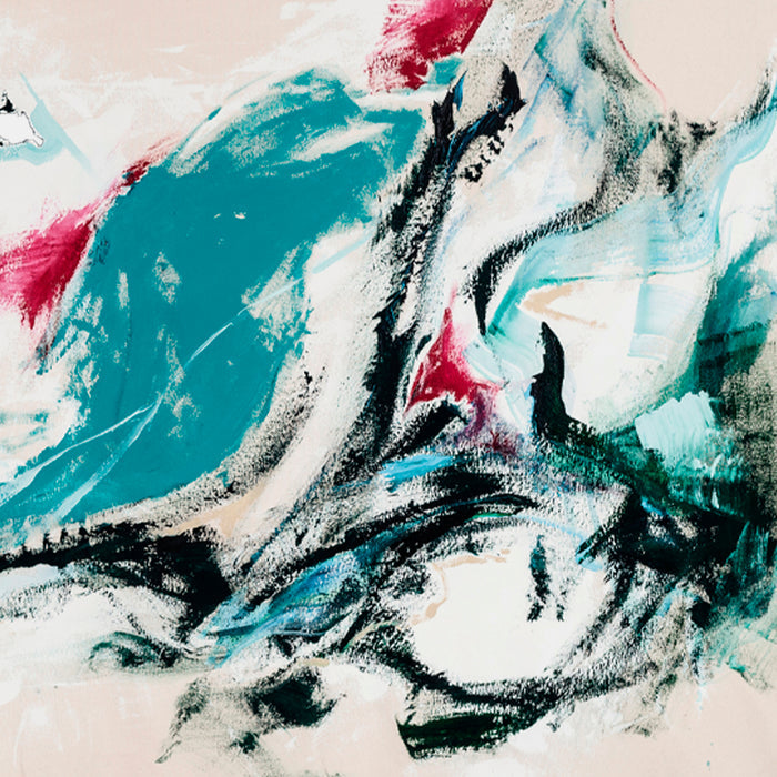 The artwork 'Inner Vista' by W Lu features dynamic abstract brushstrokes in vibrant turquoise, crimson, and black against a soft cream background. Bold sweeping movements create a sense of fluid motion, with textured acrylic paint application suggesting waves or wind-swept landscapes. The 75x50 inch canvas showcases expressive gestural painting with dramatic color contrasts.