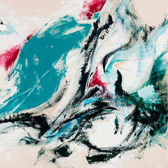 The artwork 'Inner Vista' by W Lu features dynamic abstract brushstrokes in vibrant turquoise, crimson, and black against a soft cream background. Bold sweeping movements create a sense of fluid motion, with textured acrylic paint application suggesting waves or wind-swept landscapes. The 75x50 inch canvas showcases expressive gestural painting with dramatic color contrasts.