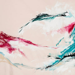 The artwork 'Inner Vista' by W Lu features dynamic brushstrokes in teal and crimson flowing across a pale beige canvas. Abstract waves and sweeping lines create a sense of movement, with bold turquoise strokes contrasting against deep pink accents. The acrylic painting showcases an ethereal, contemporary style with fluid gestural marks on a 50x75 inch canvas.