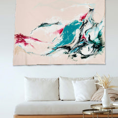 The artwork 'Inner Vista' by W Lu features dynamic abstract brushstrokes in vibrant teal and crimson against a soft blush background. Bold gestural movements create a fluid, mountainous landscape effect, with sweeping black accents adding depth and movement. The large-scale acrylic painting showcases expressive contemporary style on canvas, measuring 50x75 inches - W Lu