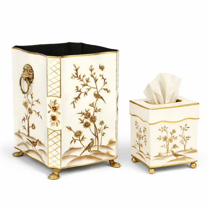 Ivory and Gold Scalloped Footed Tissue Holder or Wastepaper Basket by The Enchanted Home