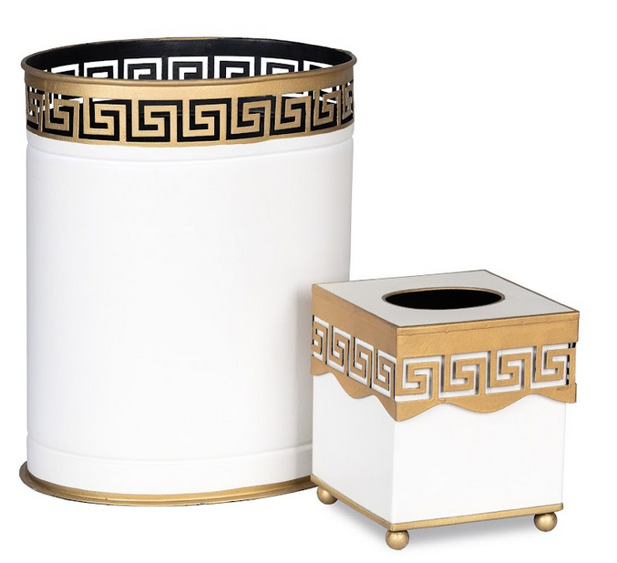 Ivory Greek Key Tissue Holder or Wastepaper Basket by The Enchanted Home