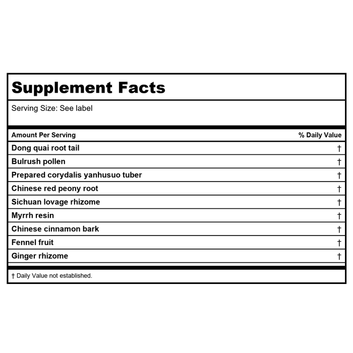 Kan Herb Essentials Dispel Stasis in The Lower Palace 4 Ounce - Supplement Facts panel