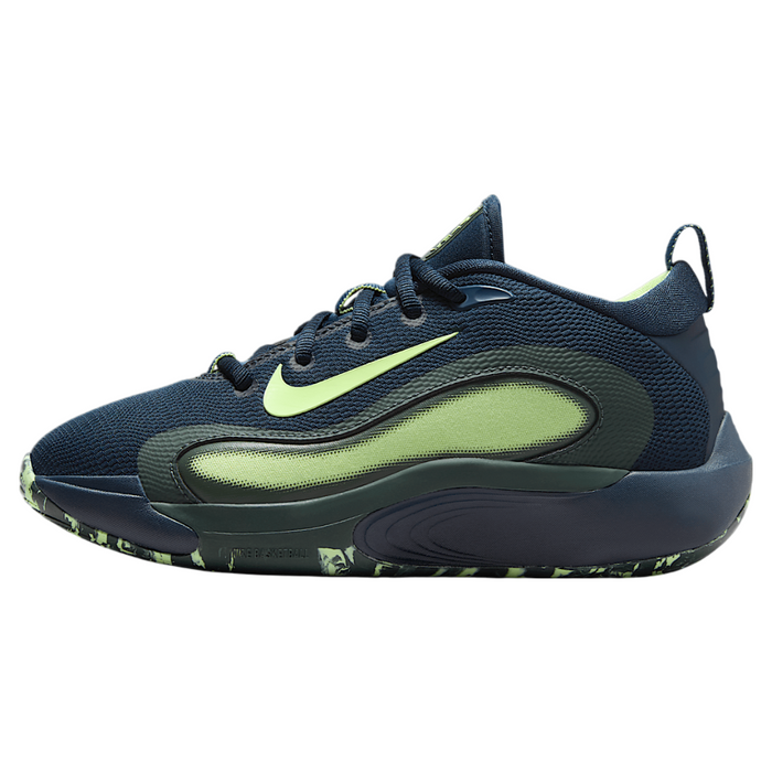 Nike Kids Isofly (GS) Basketball Shoes in Armory Navy and Vintage Green color scheme with a mesh upper and a rubber outsole visible in the image.
