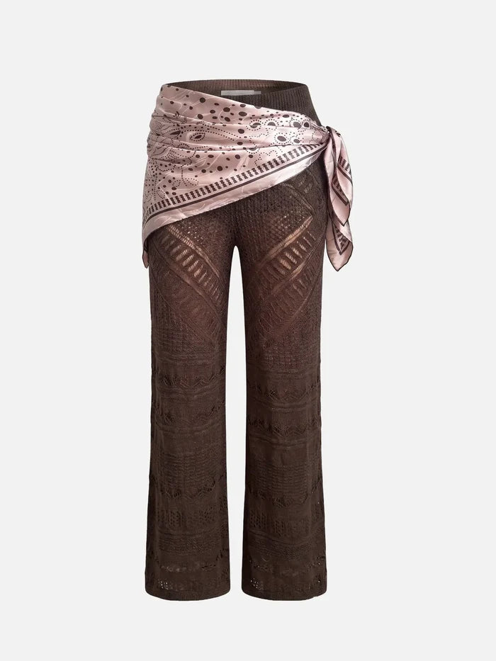 cult form Knit Scarf Belt Pants – kahverengi, belde fularla bağlanmış