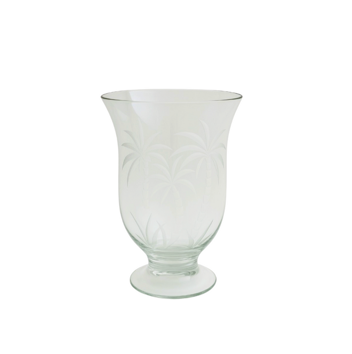 Lenox British Colonial Green Crystal Candle Hurricane Vase Etched Palm Tree 9"