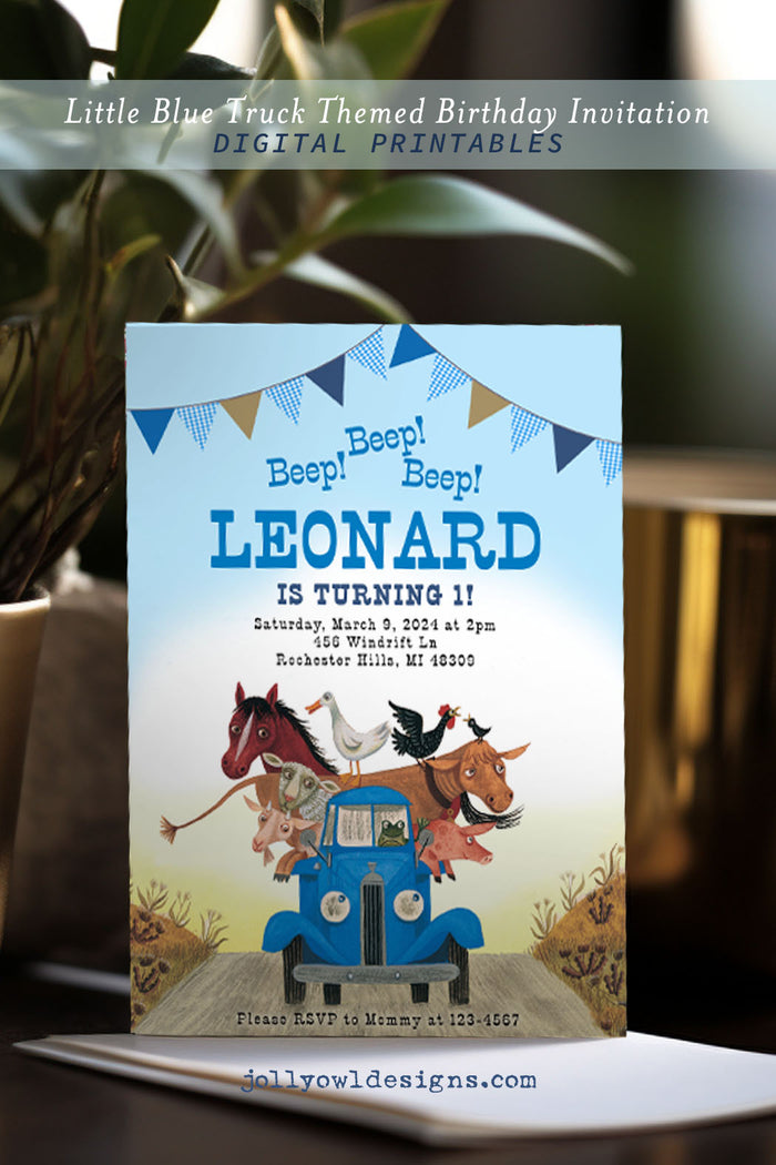 Little Blue Truck Birthday Party Invitation - Jolly Owl Designs