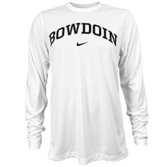 White long sleeved tee with arched Bowdoin imprint on chest in black with gray outline over black Nike Swoosh