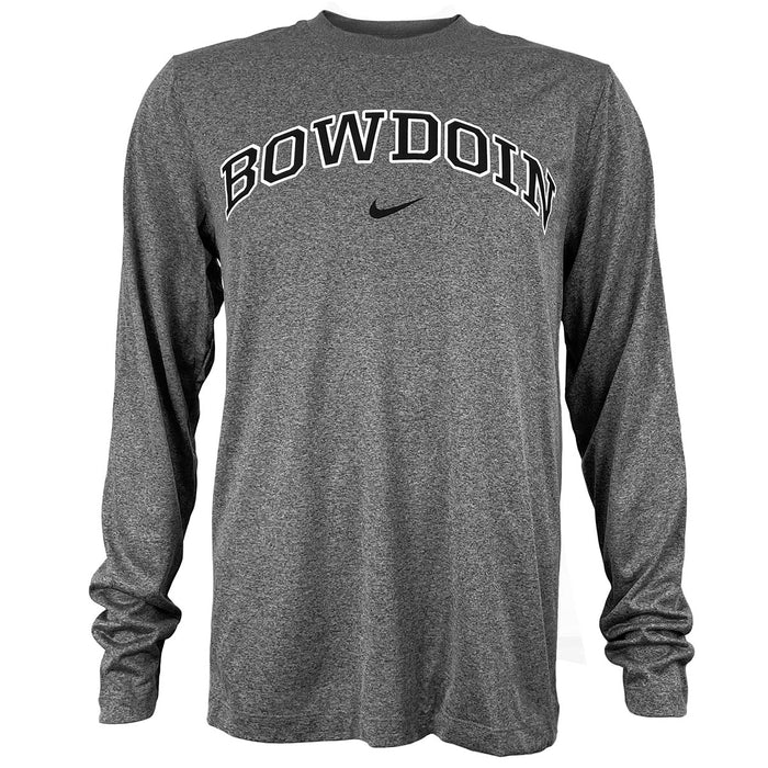 Charcoal heather long sleeved tee with arched Bowdoin imprint on chest in black with white outline over black Nike Swoosh.