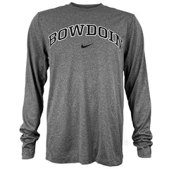 Charcoal heather long sleeved tee with arched Bowdoin imprint on chest in black with white outline over black Nike Swoosh.