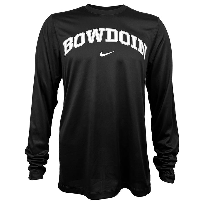 Black long sleeved tee with arched Bowdoin imprint on chest in white with grey outline over white Nike Swoosh.