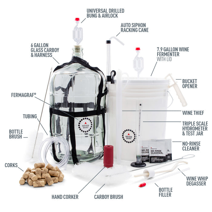 Wine stater kit with components labeled