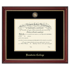 Diploma frame with gold inner edge, black and gold mat, and minted college seal medallion. BOWDOIN COLLEGE embossed at the bottom in Old English type.