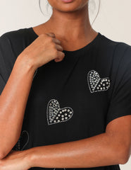 Round Neck Diamante Heart Detailing T-Shirt