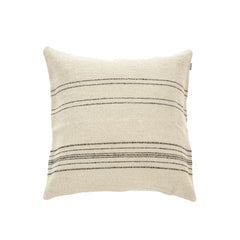 The Moroccan Stripe Pillow by Libeco Home features a square beige design with subtle black horizontal stripes, inspired by traditional Moroccan blankets, shown on a white background.