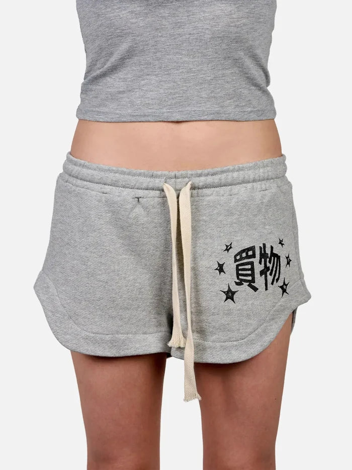 shopi go Naha Mini Shorts - Melange Grey – arka görünüm, bağcıklı bel ve yan baskı