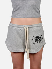 shopi go Naha Mini Shorts - Melange Grey – arka görünüm, bağcıklı bel ve yan baskı
