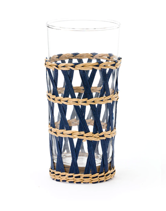 Navy Wicker Wrapped Highball Tea Glasses, Set of 4