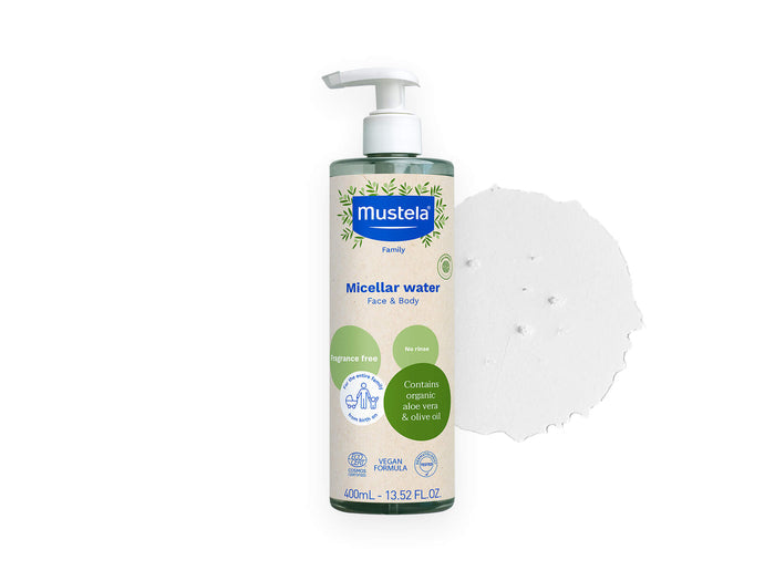 Mustela USA | Mustela Family Micellar Water for Face & Body, 400ml. Fragrance-free, no rinse, with organic aloe vera and olive oil. Vegan formula, Cosmos certified. For the entire family from birth.